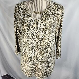Cathy Daniels Animal Print Iridescent Sequins U Neck w/Chain Accent Top Medium